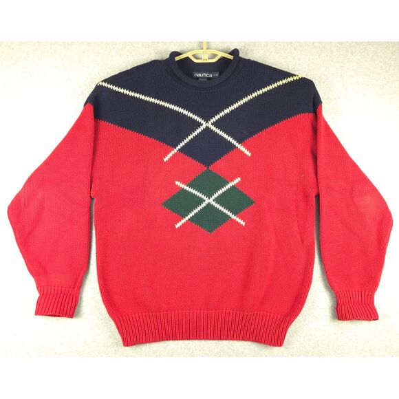 Nautica Vintage Cotton Argyle Rollneck Sweater‎ Red Navy Green Geometric Large - Picture 1 of 5